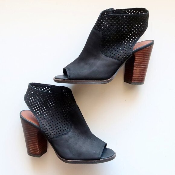 Lucky Brand Black Nubuck Perforated Leather Block Heel Open Toe Bootie Shoes 7.5 - Picture 11 of 16